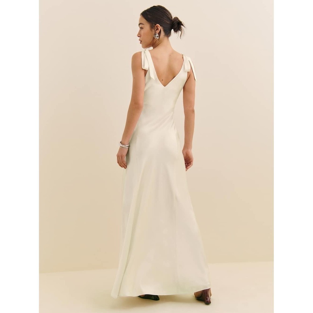 Reformation Pernille Silk Dress Ivory Bridal V Neck Tie Shoulder Maxi Gown New - Picture 4 of 8